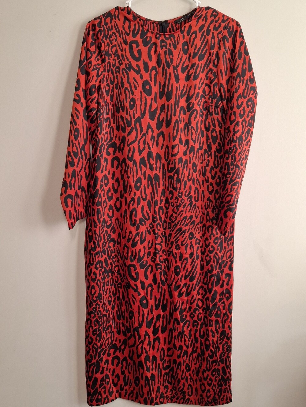 Zara Red and Black Leopard Print Shift Dress Fitted Small Long Sleeve Zip Back